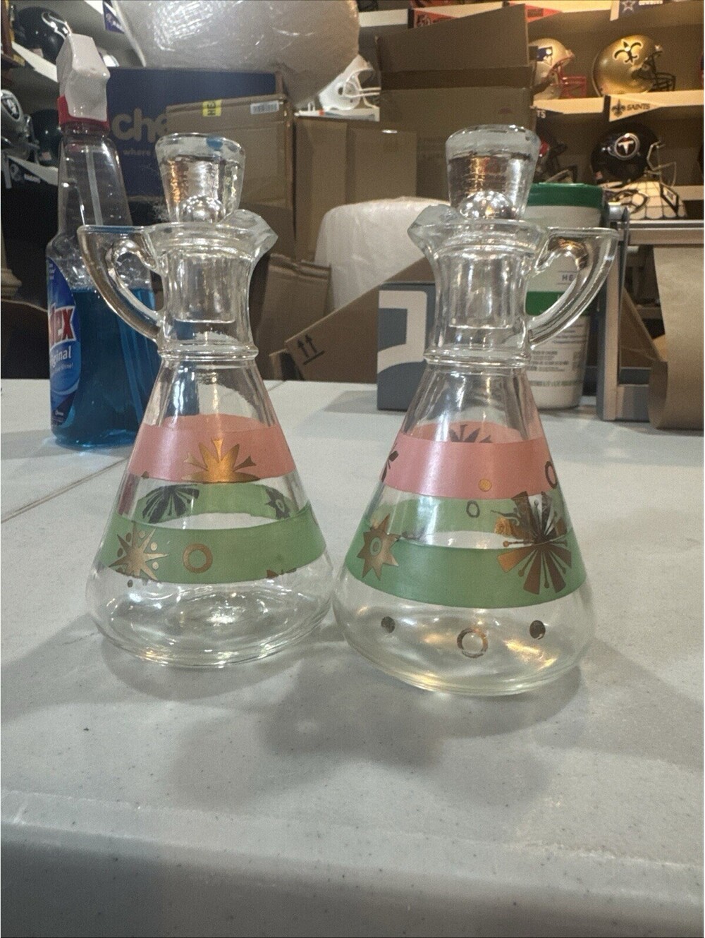 mid century atomic starburst glass Cruet Bottle pair [COPY]